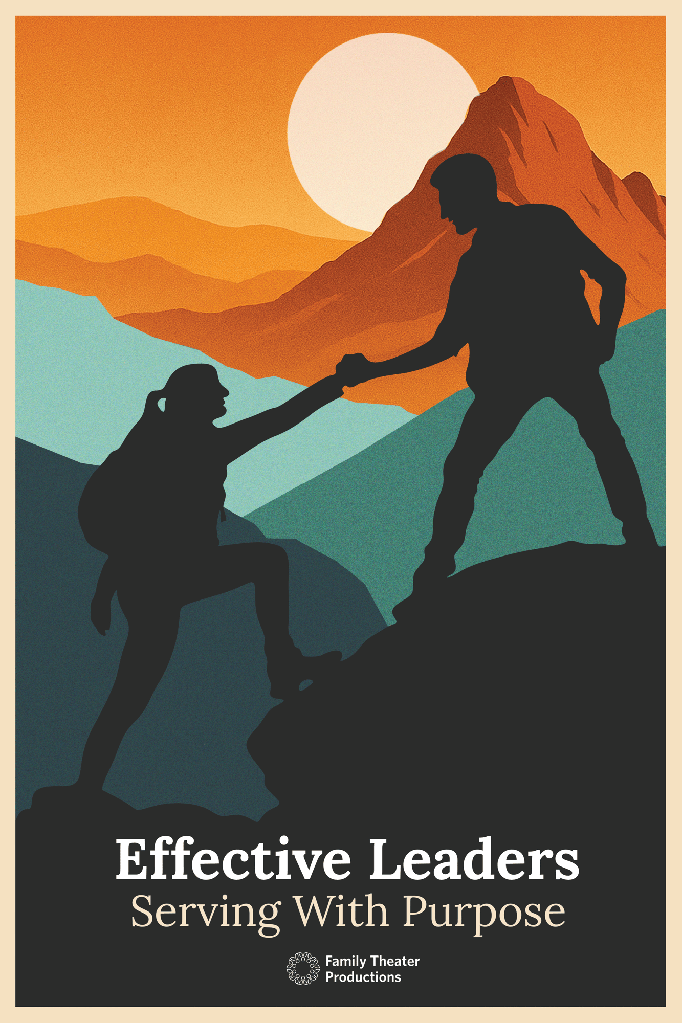 Two silhouettes are hiking in a mountain landscape, one helping the other. Text: 