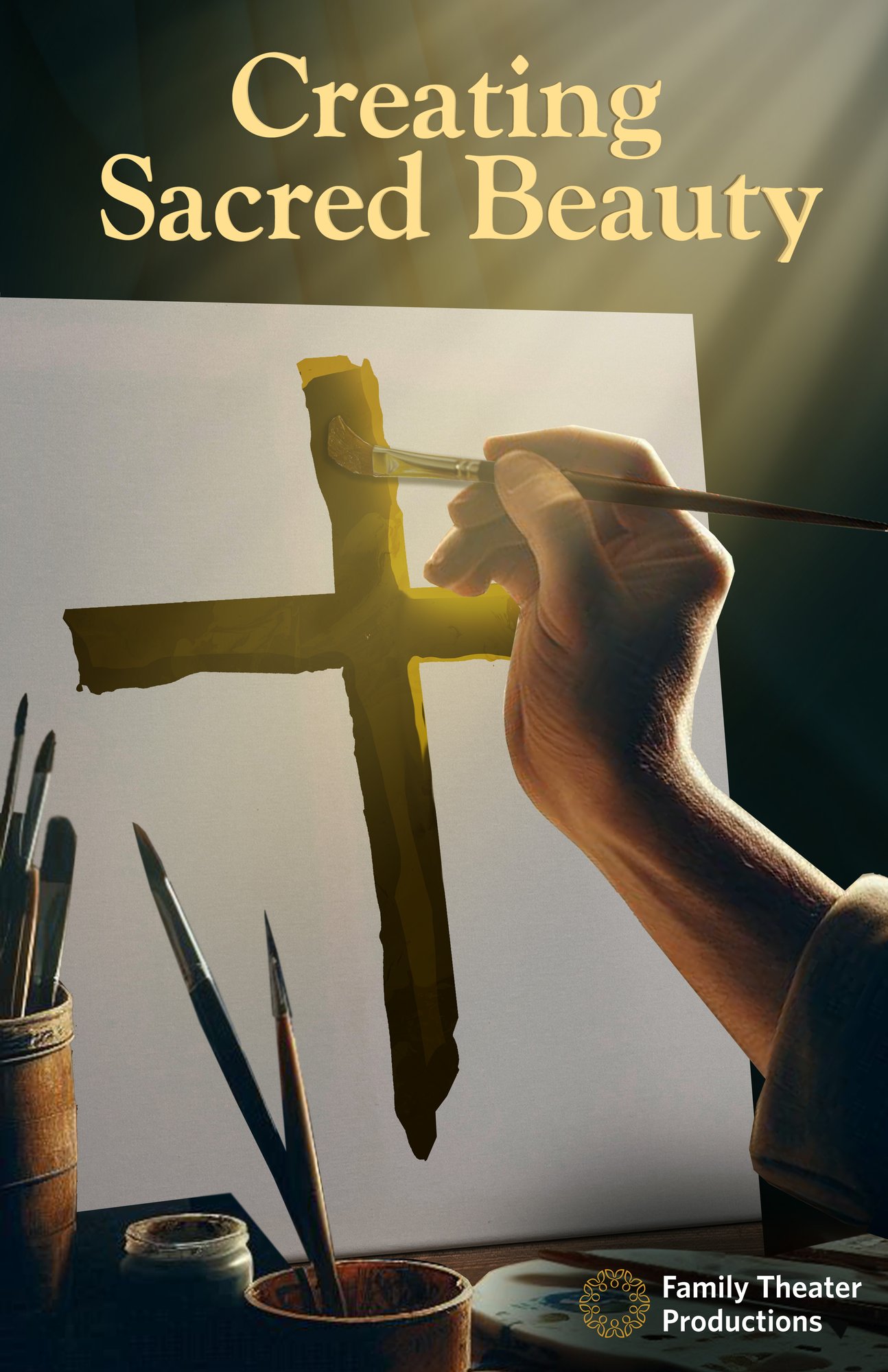 A hand painting a cross on canvas, surrounded by brushes, with the text
