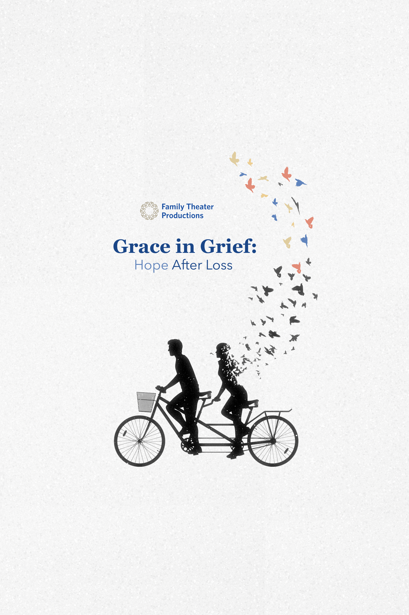Two people on a tandem bike; one is dissolving into birds. It's titled 