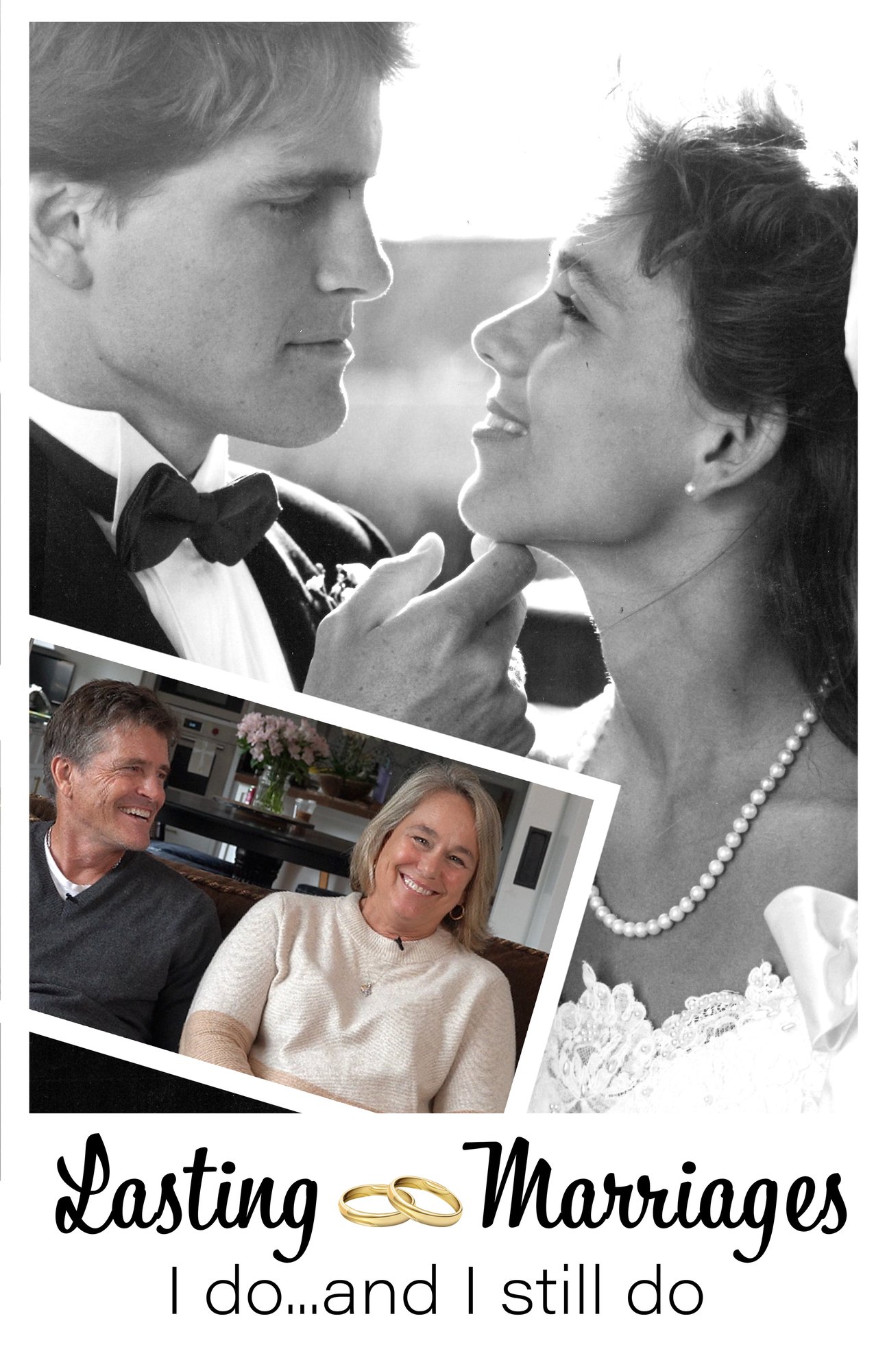 A collage showing a couple's wedding photo and a recent image, captioned 